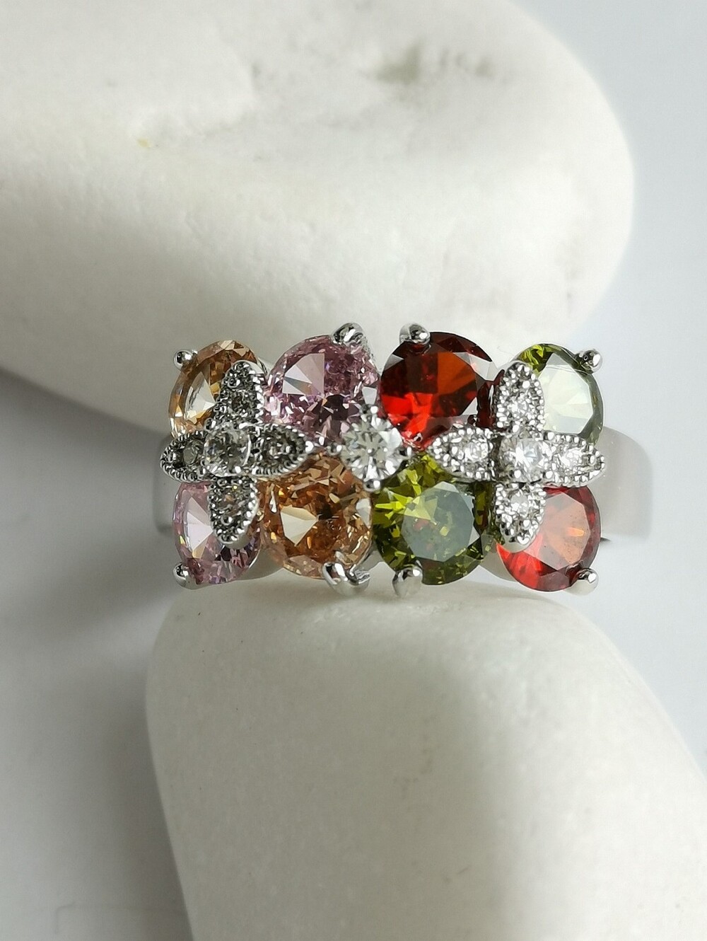 Tutti Frutti cz multi colour cocktail ring 14k White gold Plated size 8 🆕